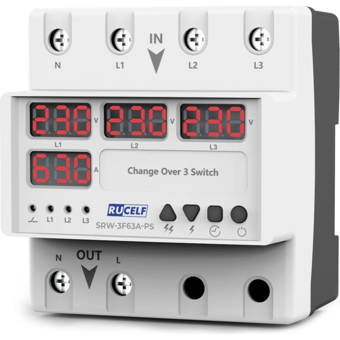 Реле напряжения с выбором фаз RUCELF 3в1 с автоматическим переключателем SRW-3F63A-PS